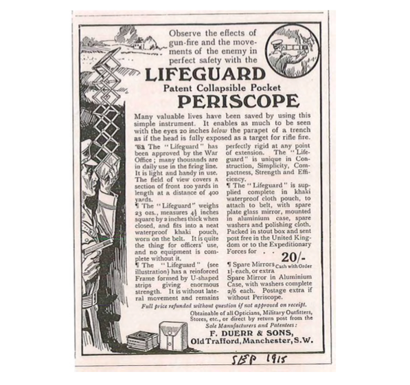 Small WW1 Print Ad Original 1916 DUERR 'Lifeguard' Trench Periscope ADVERT #4 